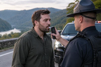 A West Virginia driver provides a roadside breath sample while speaking calmly with a police officer near a mountain roadway.