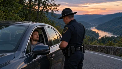 A driver sits in a parked car while a police officer speaks with them beside a quiet West Virginia roadside.