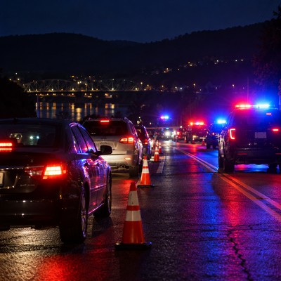 Police officers conduct a DUI checkpoint on a West Virginia road at night.