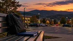 A student backpack and folder sit near a campus parking lot at dusk.