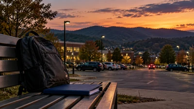 A student backpack and folder sit near a campus parking lot at dusk.