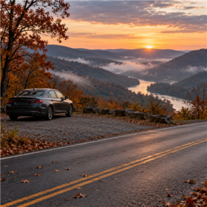 Parked car overlooking misty West Virginia hills at sunrise after a holiday evening.