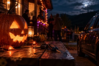 A West Virginia driver speaks with a police officer beside a car after a Halloween gathering on an autumn evening.