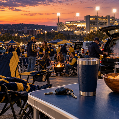 Football fans tailgating near a West Virginia stadium with a police vehicle nearby